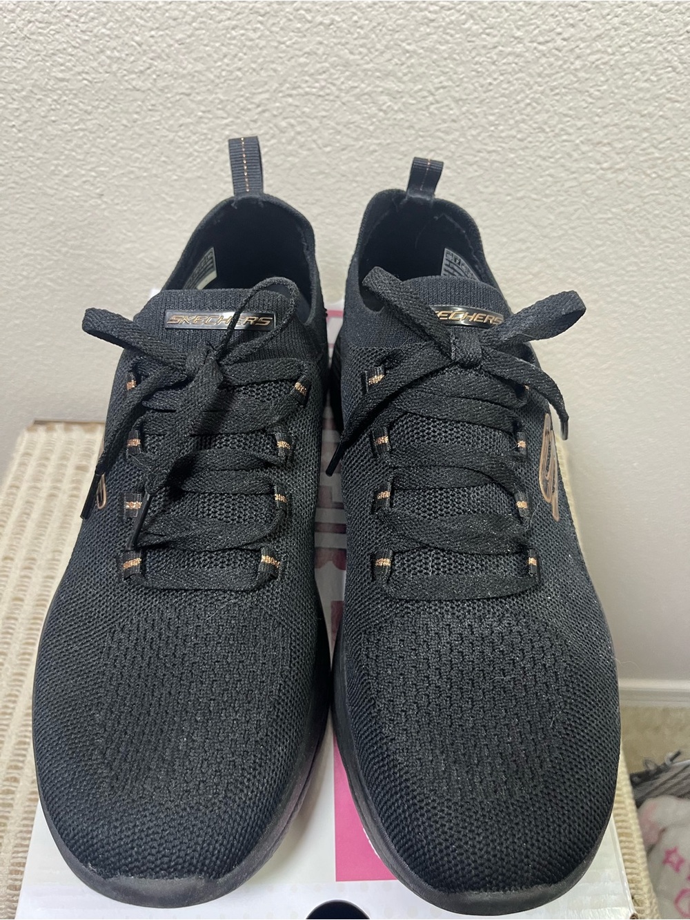 Skechers Black Knit Slip-On Lace-Up Sneakers with Metallic Accents - Picture 3 of 5